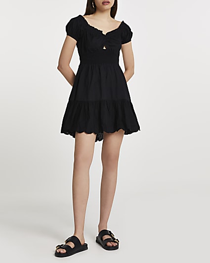 Black puff sleeve shirred mini beach dress