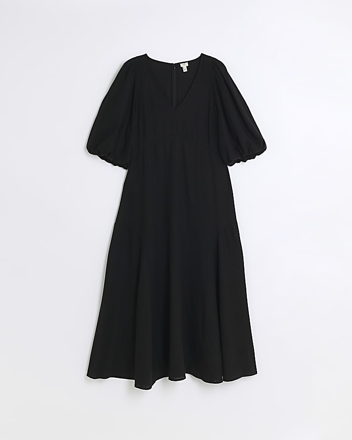 Black puff sleeve smock midi dress with linen