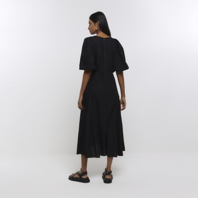 Black puff sleeve smock midi dress with linen | River Island