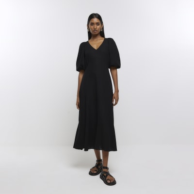 Black puff sleeve smock midi dress with linen