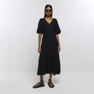 Black puff sleeve smock midi dress with linen | River Island