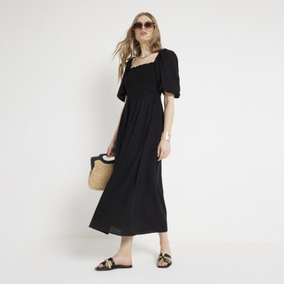 Black puff sleeve smock midi dress | River Island