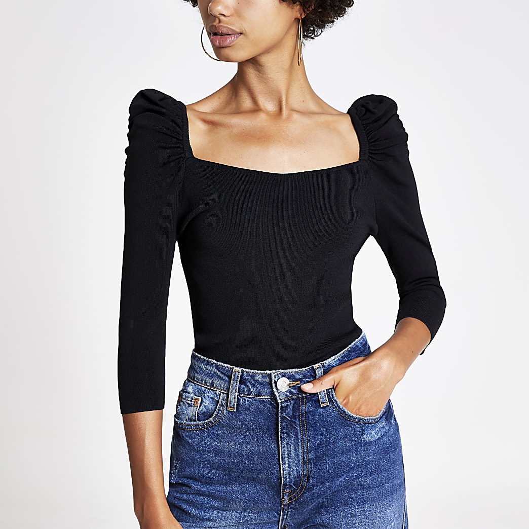 Black puff sleeve square neck top | River Island
