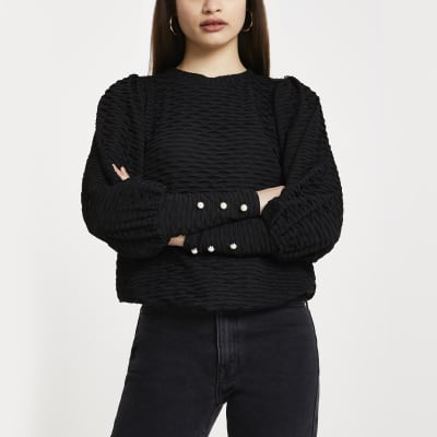 Black puff sleeve textured top | River Island