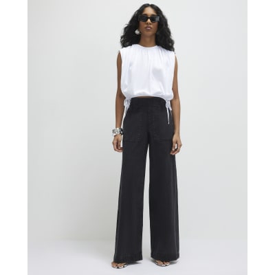 Black Pull On Elasticated Wide Leg Jeans
