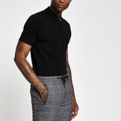 Black quarter zip cashmere blend polo shirt | River Island