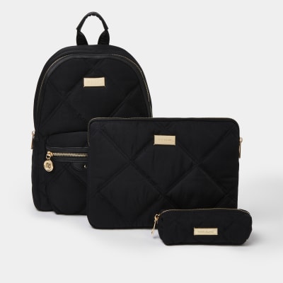 Black Quilted Backpack And Laptop Case Set River Island