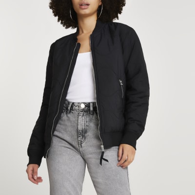 Black quilted bomber jacket River Island