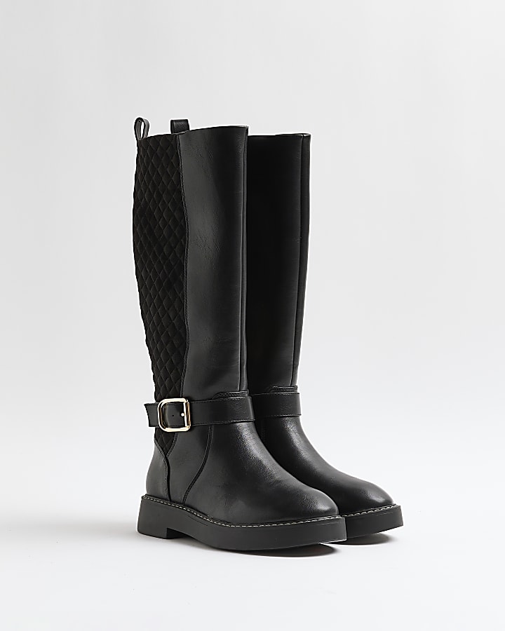 Black quilted calf high boots