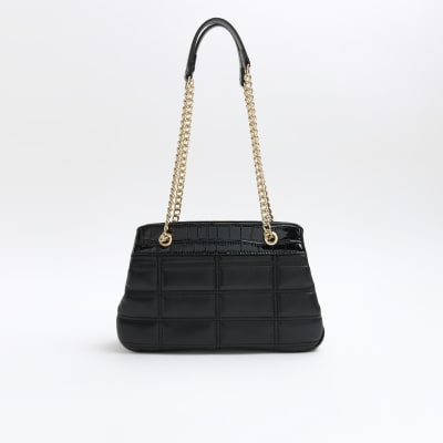 Faux Leather Quilted Chain Strap Tote Bag - Black
