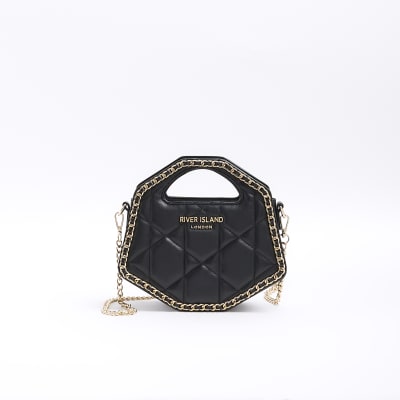 River Island Quilted Cross Body Bag with Chain Strap in Black