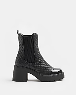 Black quilted chunky heeled ankle boots