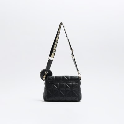 River Island branded quilted cross body bag in black