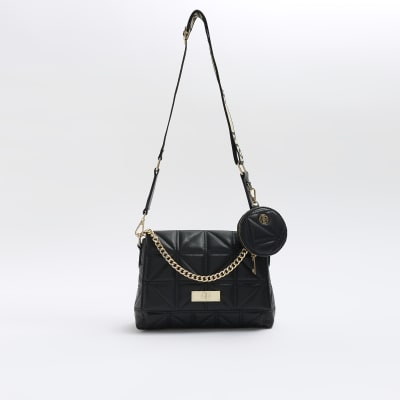 Black quilted cross body bag River Island