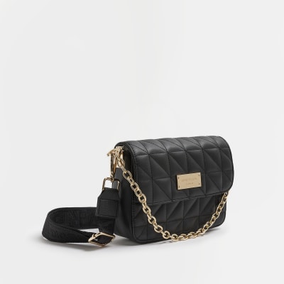 River Island Quilted Cross Body Bag With Chain Strap in Black