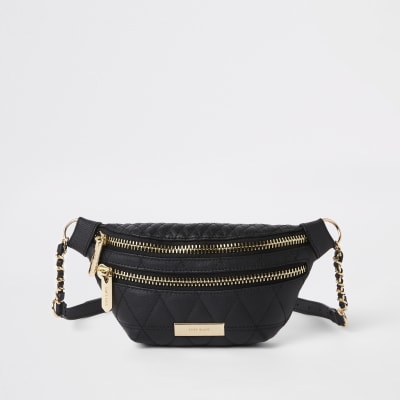 Black quilted double compartment belt bum bag | River Island