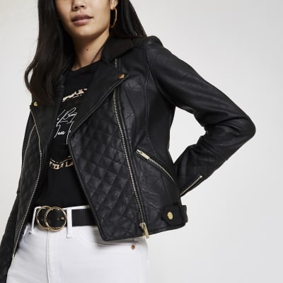 Black quilted faux leather biker jacket