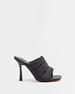 Black quilted heeled mules