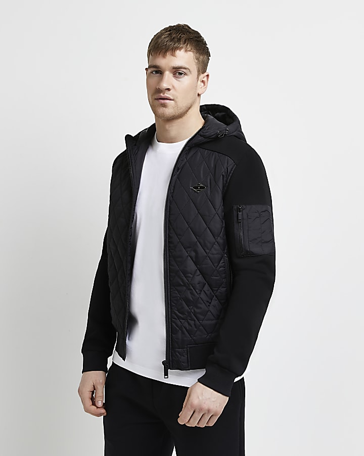 Black quilted hooded bomber jacket