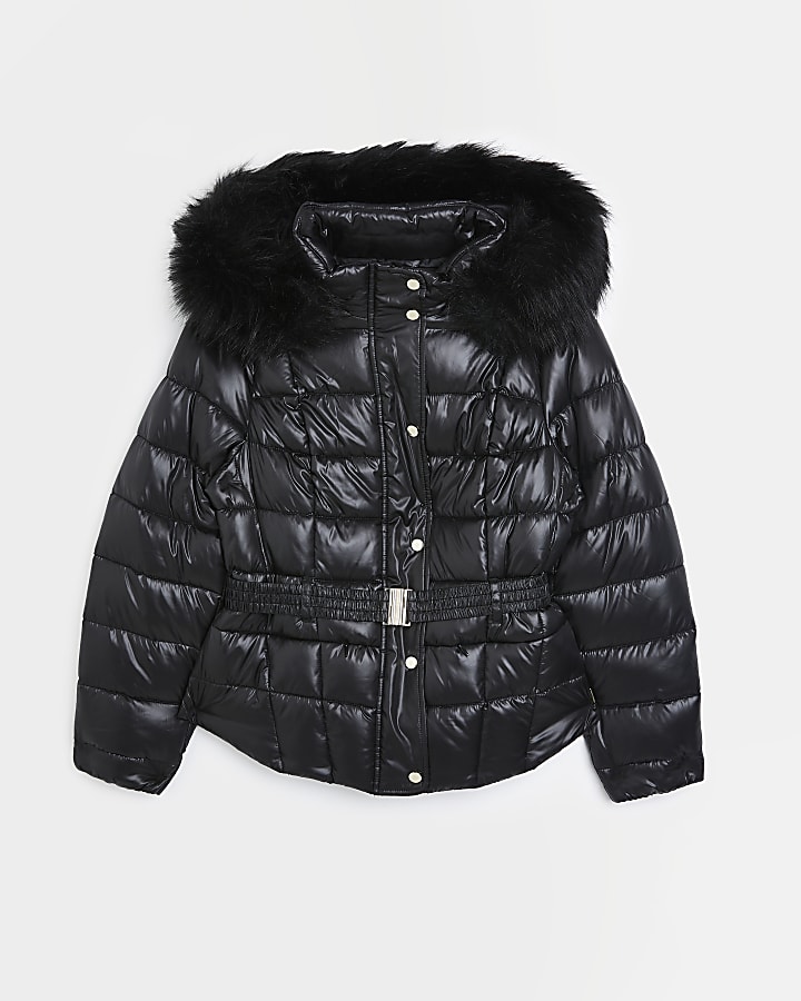 Black quilted hooded puffer coat