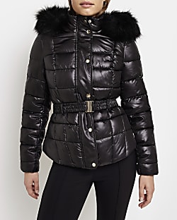 Black quilted hooded puffer coat