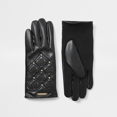 Black quilted leather 'RIR' gloves River Island