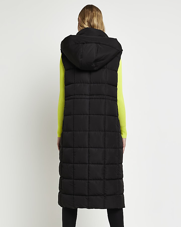 Black quilted longline hooded gilet