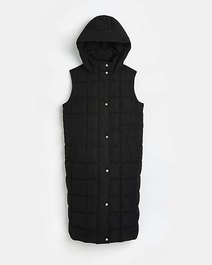 Black quilted longline hooded gilet