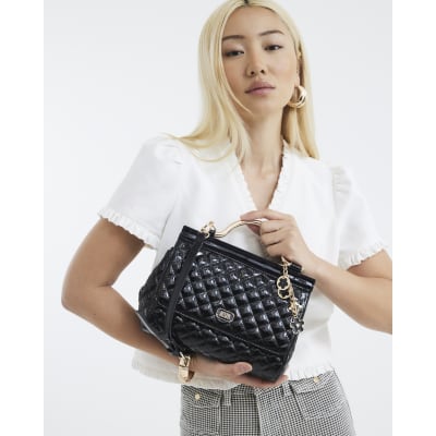 Black Quilted Metal Handle Tote Bag