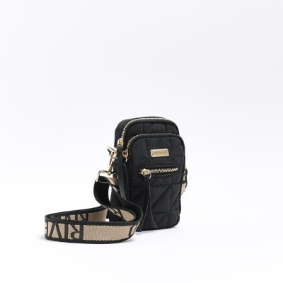 Black quilted phone holder bag River Island