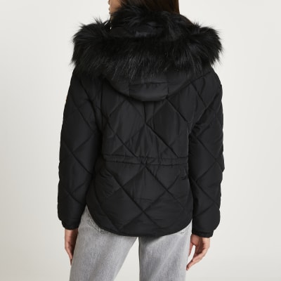 Black quilted puffer coat River Island