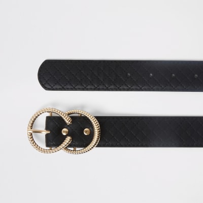 Black quilted strap double ring belt