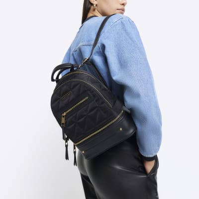 Black Quilted Zip Backpack River Island