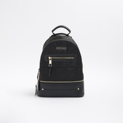 Black Quilted Zip Backpack River Island