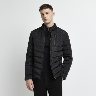 Black quilted zip through puffer jacket | River Island