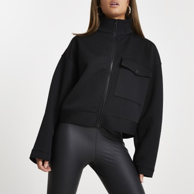 Black quilted zip through shacket River Island