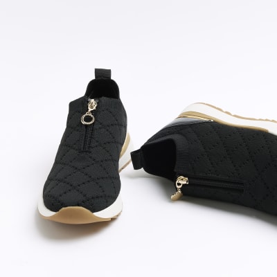 Black quilted zip trainers River Island