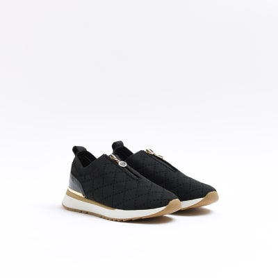 Black quilted zip trainers River Island