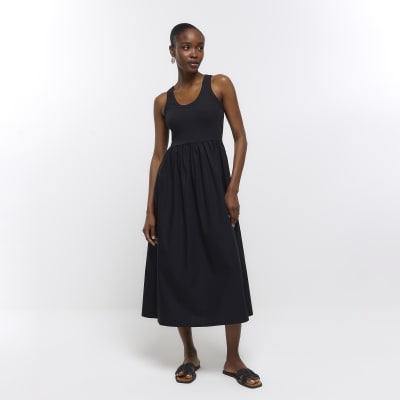 Black racer neckline skater midi dress