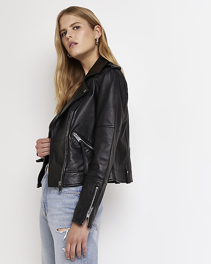 Black real leather biker jacket