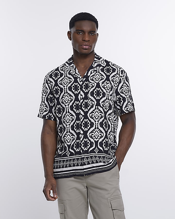 Black regular fit aztec print revere shirt