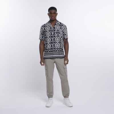 Black regular fit aztec print revere shirt