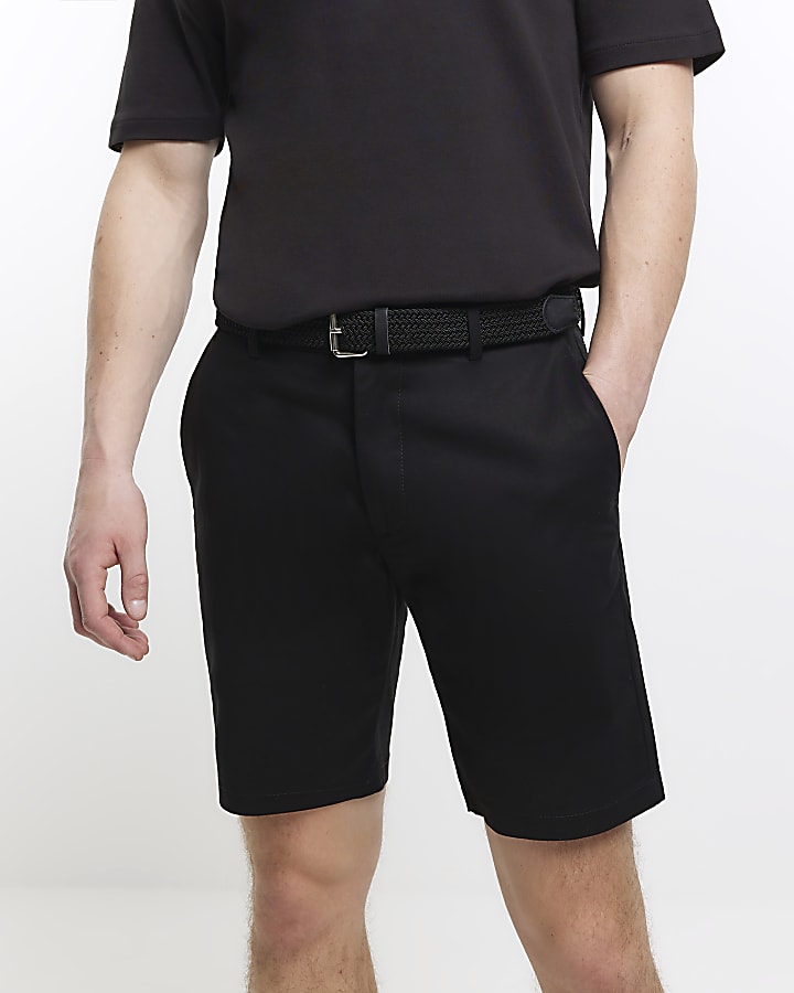 Black regular fit belted chino shorts