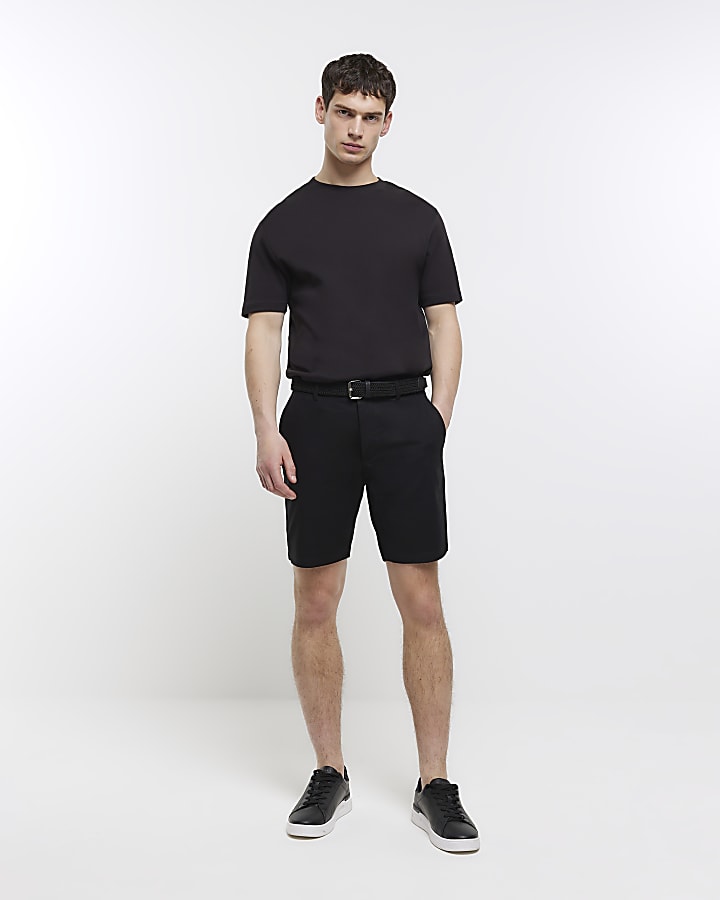 Black regular fit belted chino shorts