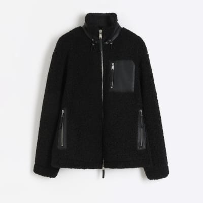 Black regular fit borg funnel neck jacket | River Island