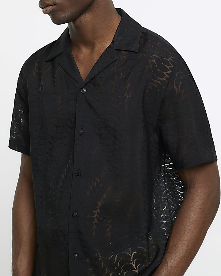 Black regular fit burnout leaf print shirt