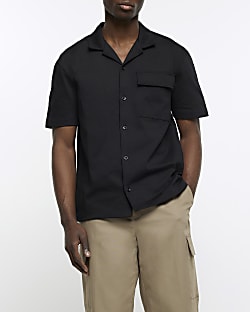Black regular fit chest pocket revere shirt