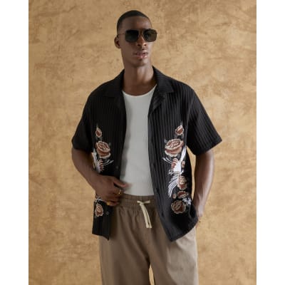 Black Regular Fit Crane Embroidered  Shirt