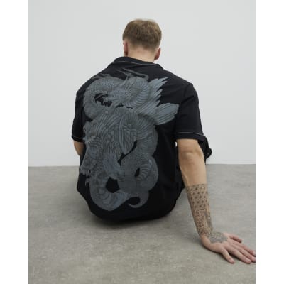 Black Regular Fit Dragon Baseball Shirt