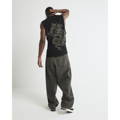 Black Regular Fit Dragon Print Tank Top